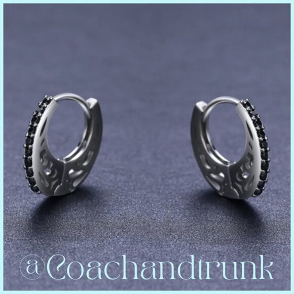 Silver Channel Set Black Spinel Oval Hoop Hinged Style Earrings Filigree Sides - Picture 2 of 4